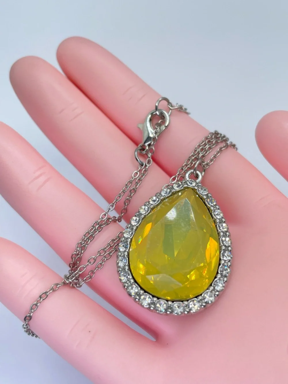 Yellow Crystal Teardrop Pendant Necklace Silver Tone Halo Dainty